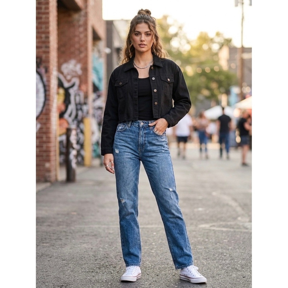 Sassafras Black Cropped Denim Jacket Raw Hem Button Up Small